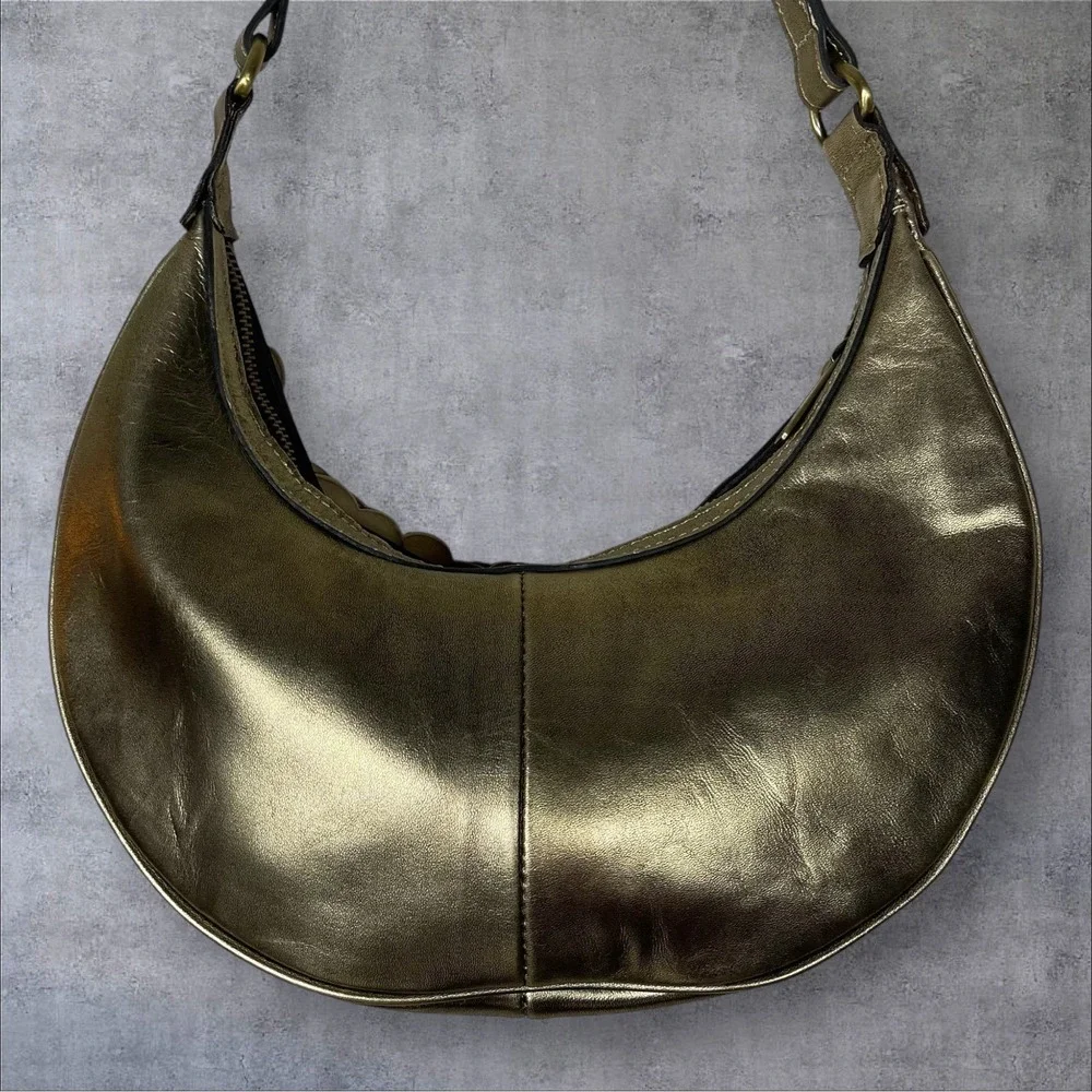 Patricia Nash Coley Antique Gold 3D Rose Petal Crescent Shoulder Bag Retired Y2K